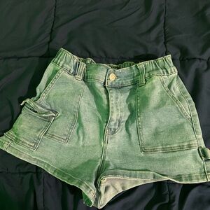 Green Denim High-Waisted Shorts